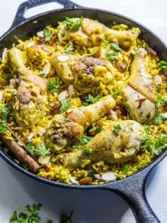 Easy One-Skillet Indian Chicken Biryani made with bone-in chicken pieces and basmati rice | TheRoastedRoot.net