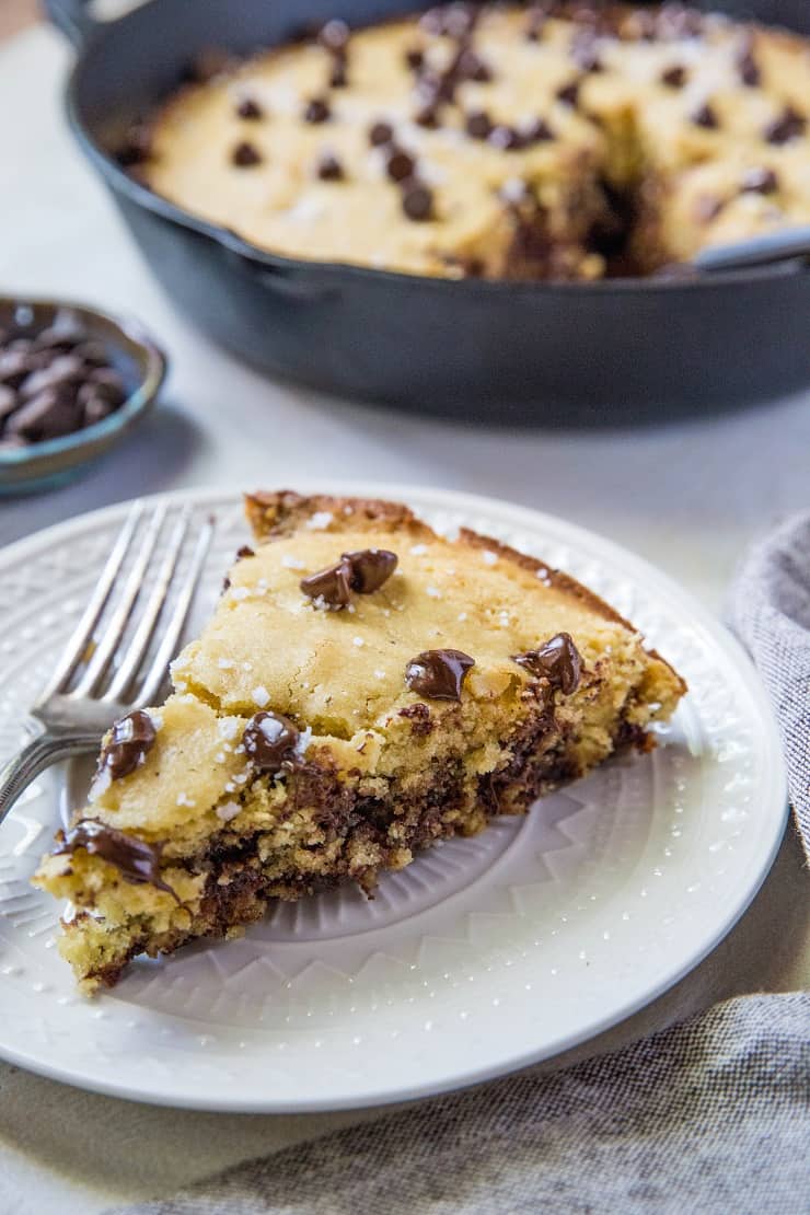 Paleo Chocolate Chip Coconut Flour Skillet Cookie - grain-free, refined sugar-free | TheRoastedRoot.net