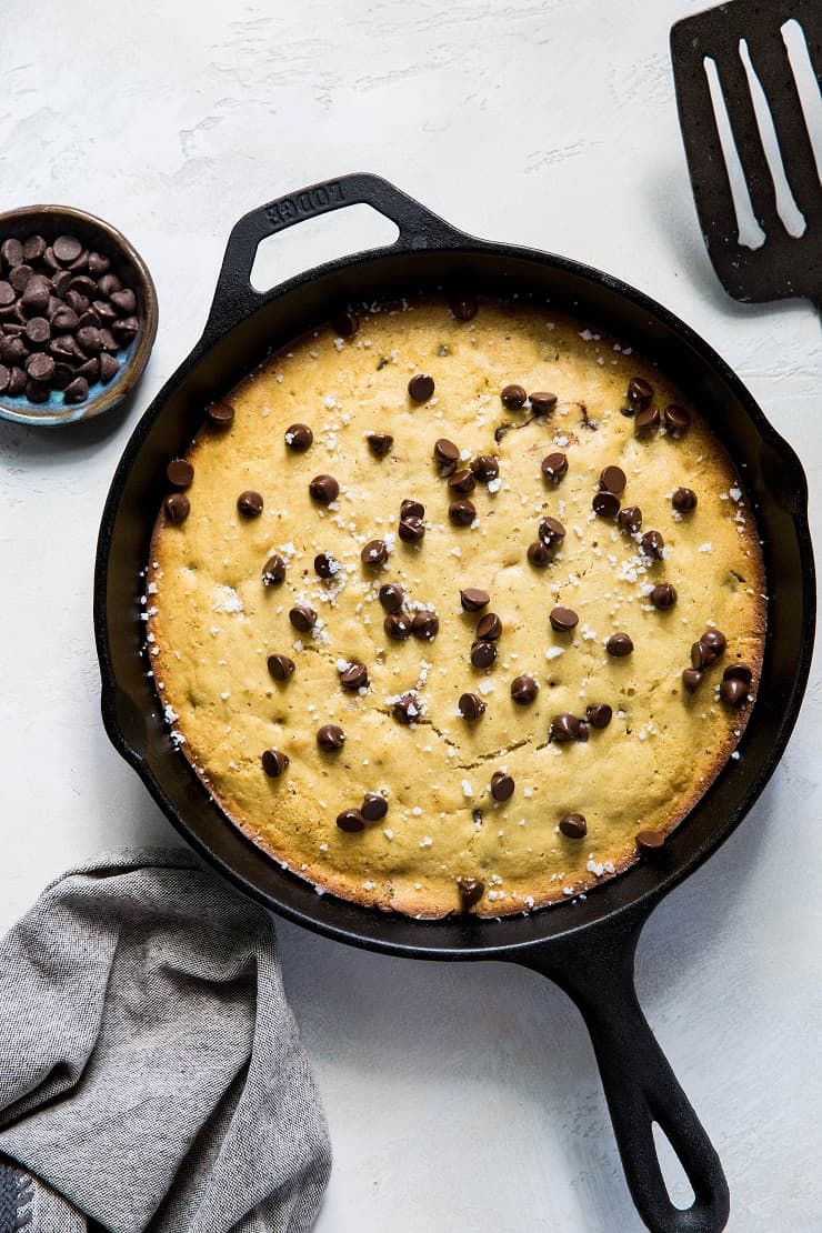 Paleo Chocolate Chip Coconut Flour Skillet Cookie - grain-free, refined sugar-free | TheRoastedRoot.net