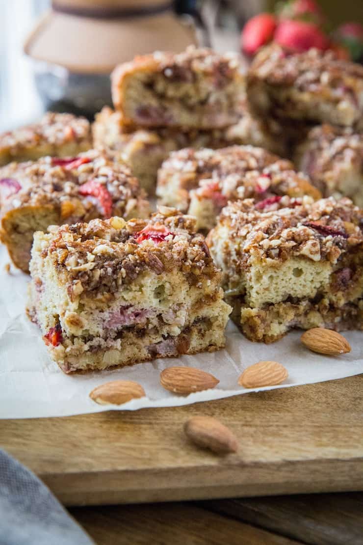 Paleo Strawberry Coffee Cake - grain-free, refined sugar-free, dairy-free coffee cake recipe with coconut flour and strawberries | TheRoastedRoot.net