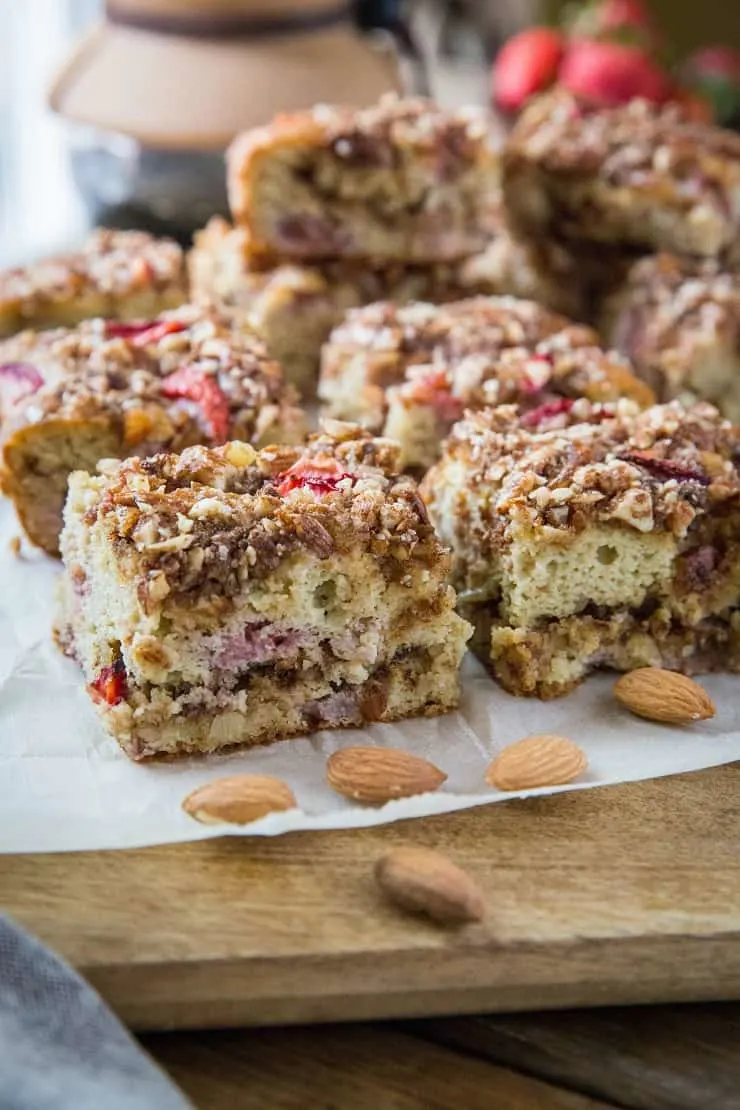 Paleo Strawberry Coffee Cake - grain-free, refined sugar-free, dairy-free coffee cake recipe with coconut flour and strawberries | TheRoastedRoot.net