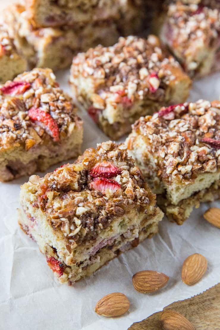 Paleo Strawberry Coffee Cake - grain-free, refined sugar-free, dairy-free coffee cake recipe with coconut flour and strawberries | TheRoastedRoot.net