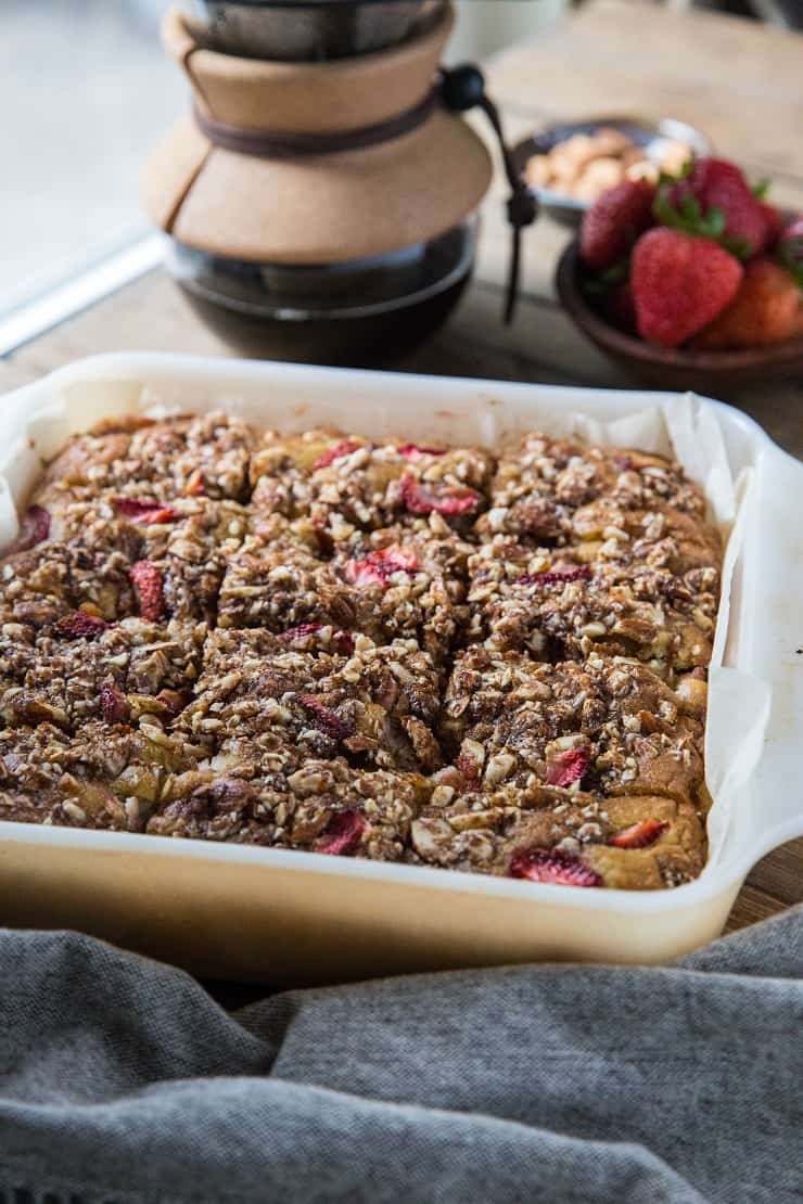 Grain-Free Coffee Cake with Strawberries - paleo coffee cake made with coconut flour, almond streusel topping and sweetened with pure maple syrup and coconut sugar | TheRoastedRoot.net #glutenfree