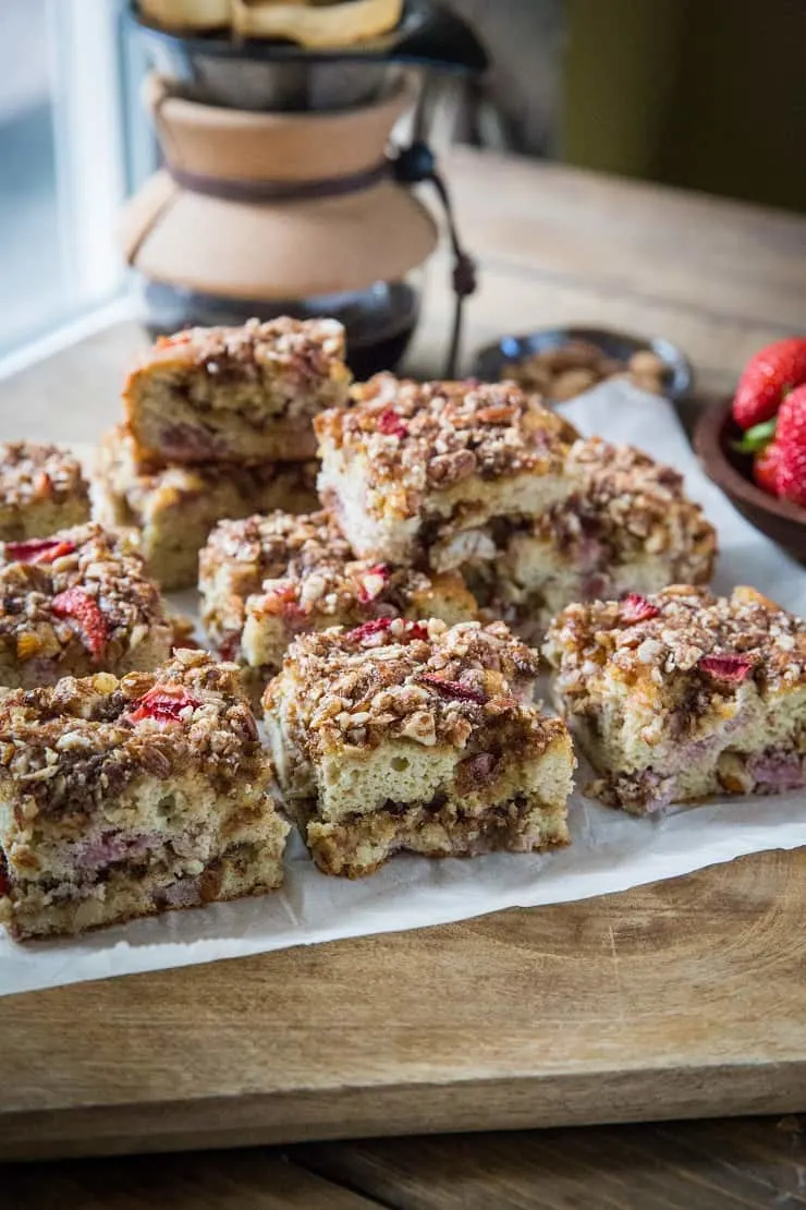 Grain-Free Coffee Cake with Strawberries - paleo coffee cake made with coconut flour, almond streusel topping and sweetened with pure maple syrup and coconut sugar | TheRoastedRoot.net #glutenfree