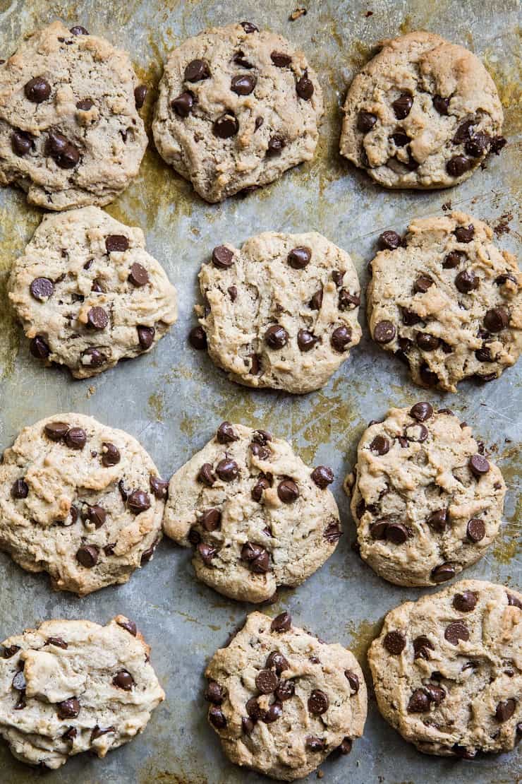 Paleo Vegan Chocolate Chip Cookies - grain-free, refined sugar-free, dairy-free, egg-free cookie recipe | TheRoastedRoot.net #glutenfree