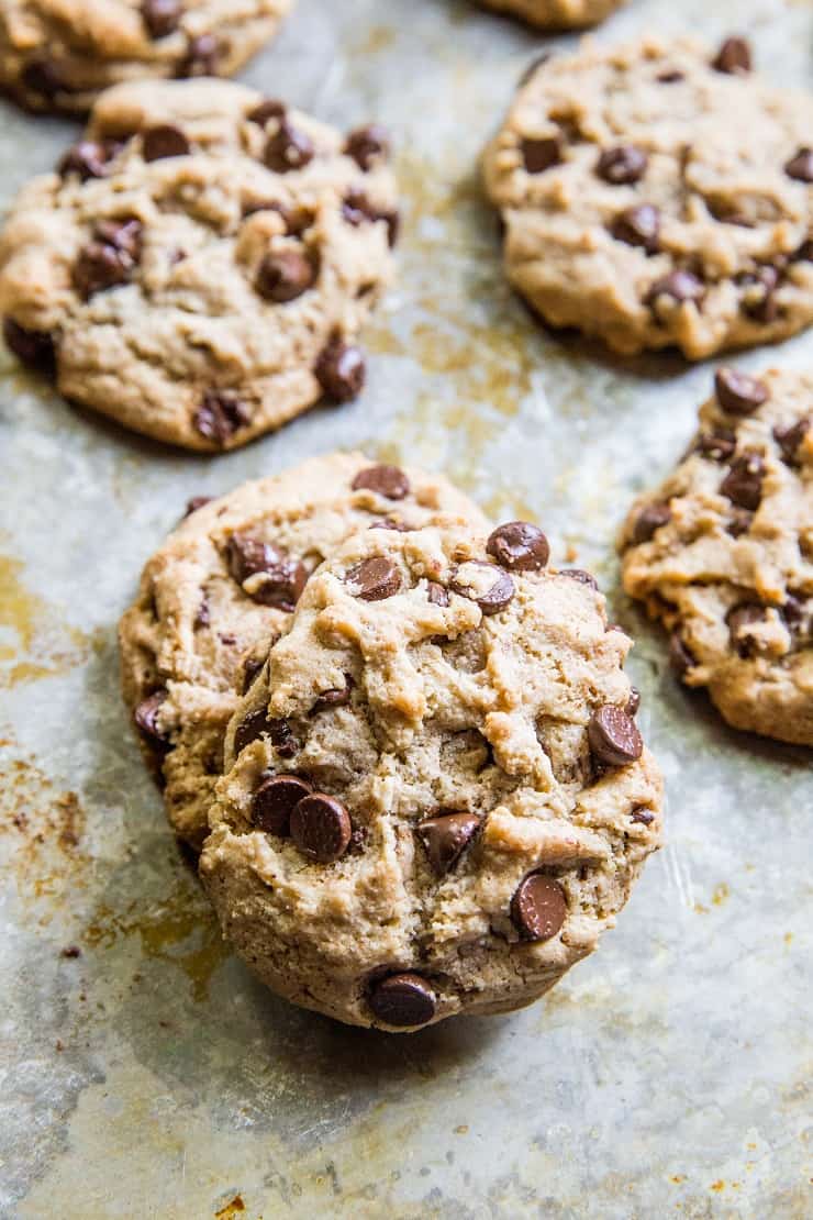 Paleo Vegan Chocolate Chip Cookies - grain-free, refined sugar-free, dairy-free, egg-free cookie recipe | TheRoastedRoot.net #glutenfree