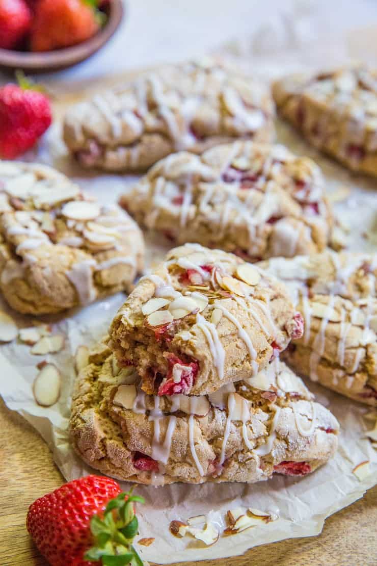 Gluten-Free Vegan Strawberry Scones - a dairy-free, egg-free scone recipe that is easy to make and perfect for breakfast or brunch | TheRoastedRoot.net
