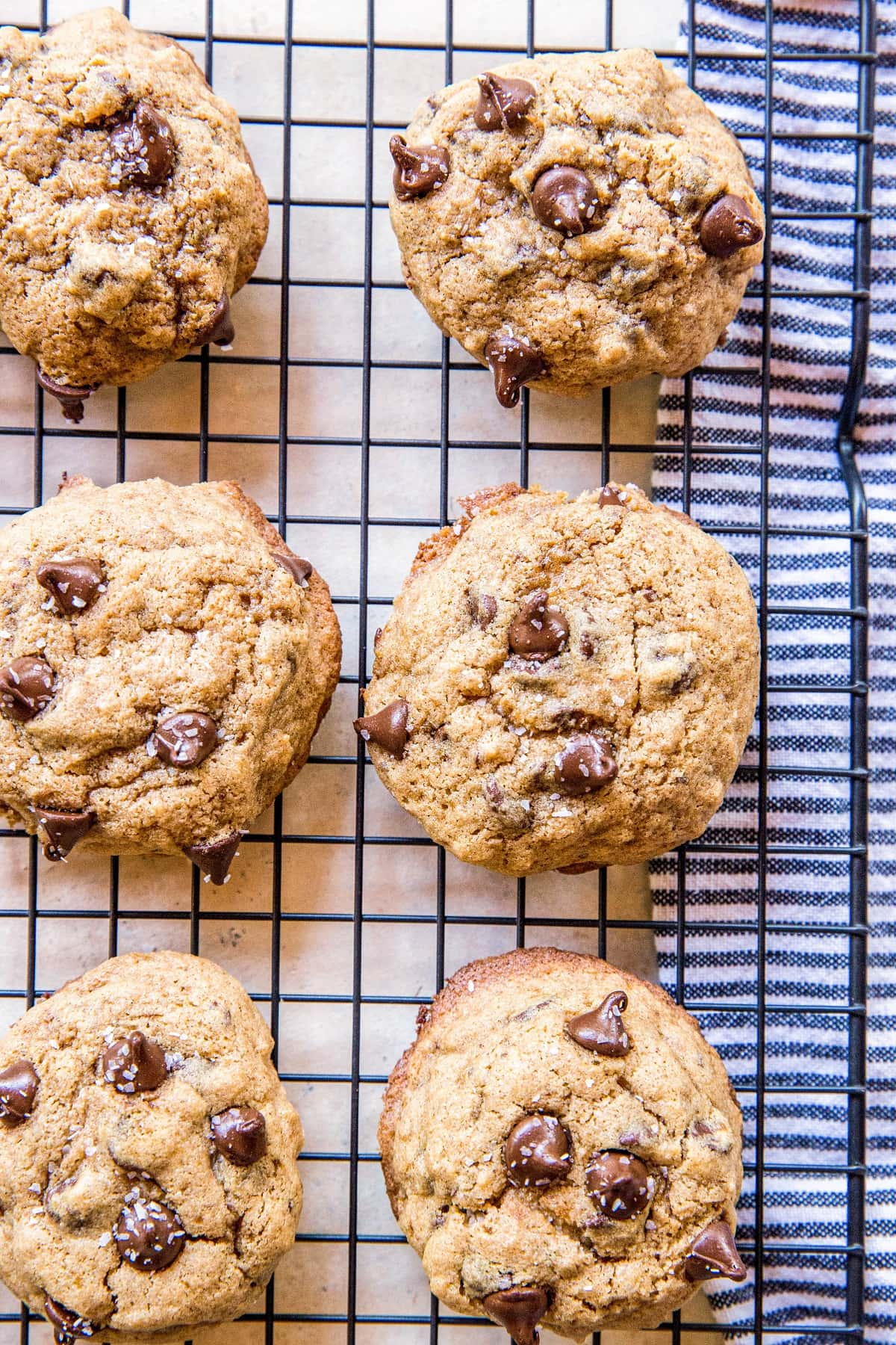 Chocolate chip cookies sitting on a wire rack to cool.