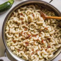 Zucchini Bacon Mac and Cheese - gluten-free mac and cheese made with goat milk cheese, bacon and zucchini for a lightened up pasta dish | TheRoastedRoot.net