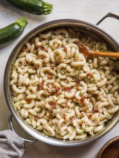 Zucchini Bacon Mac and Cheese - gluten-free mac and cheese made with goat milk cheese, bacon and zucchini for a lightened up pasta dish | TheRoastedRoot.net