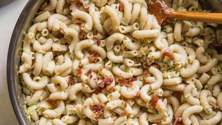 Zucchini Bacon Mac and Cheese - gluten-free mac and cheese made with goat milk cheese, bacon and zucchini for a lightened up pasta dish | TheRoastedRoot.net