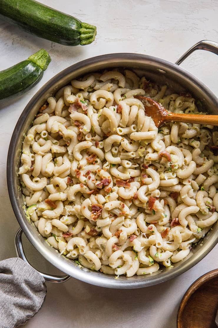 Zucchini Bacon Mac and Cheese - gluten-free mac and cheese made with goat milk cheese, bacon and zucchini for a lightened up pasta dish | TheRoastedRoot.net