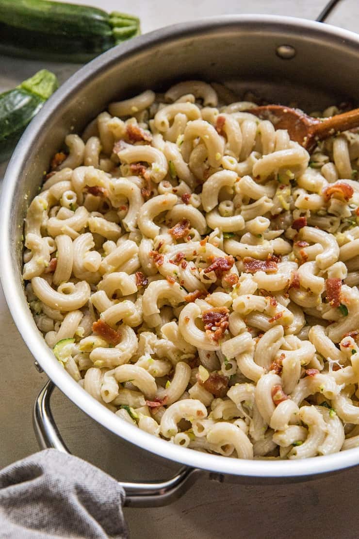 Lightened Up Gluten-Free Macaroni and Cheese with Zucchini and Bacon