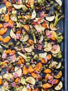 Balsamic Roasted Vegetables with Bacon - an easy, healthy side dish that happens to be paleo, low-carb, and whole30 | TheRoastedRoot.net