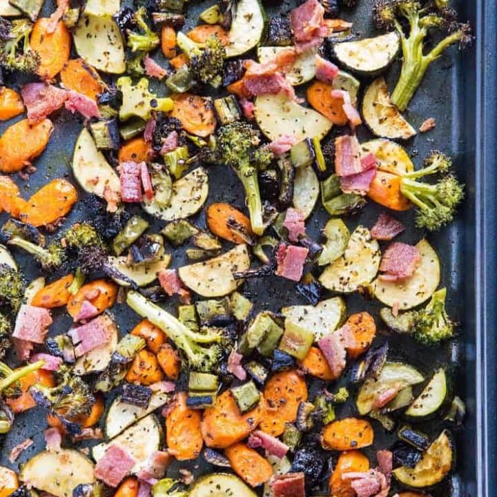 Balsamic Roasted Vegetables with Bacon - an easy, healthy side dish that happens to be paleo, low-carb, and whole30 | TheRoastedRoot.net
