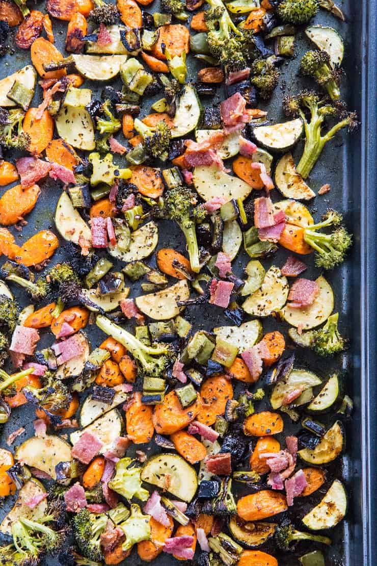 Balsamic Roasted Vegetables with Bacon - an easy, healthy side dish that happens to be paleo, low-carb, and whole30 | TheRoastedRoot.net
