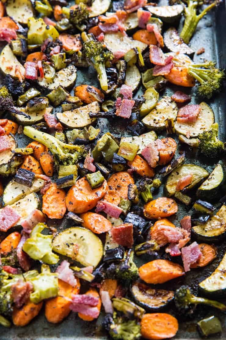 Balsamic Roasted Vegetables with Bacon - an easy, healthy side dish that happens to be paleo, low-carb, and whole30 | TheRoastedRoot.net