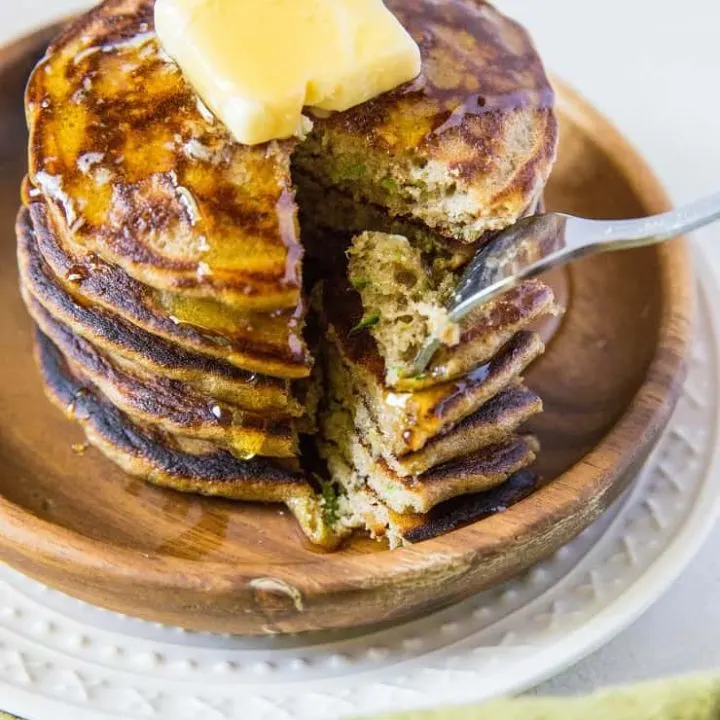 Grain-Free Coconut Flour Zucchini Pancakes - an easy paleo pancake recipe made in a blender! Fluffy, moist, delicious, healthy. | TheRoastedRoot.net #glutenfree