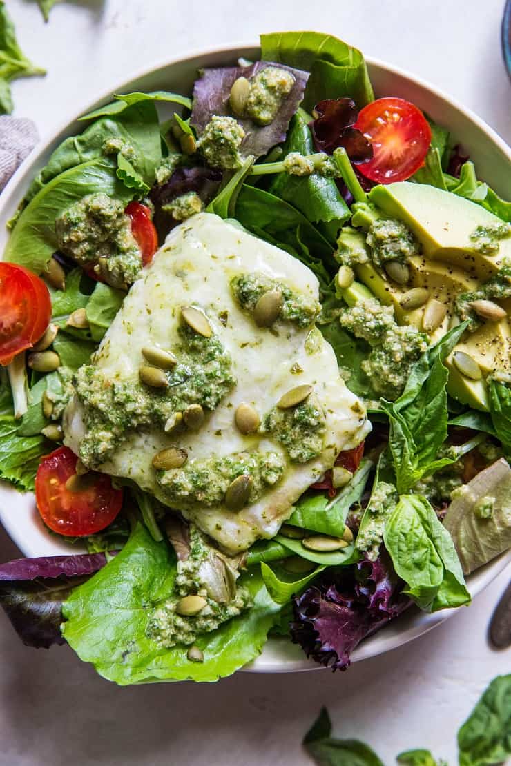 Cod Salad with Basil-Walnut Pesto, cherry tomatoes, pumpkin seeds and avocado - a low-carb, keto, paleo, whole30 dinner recipe | TheRoastedRoot.net