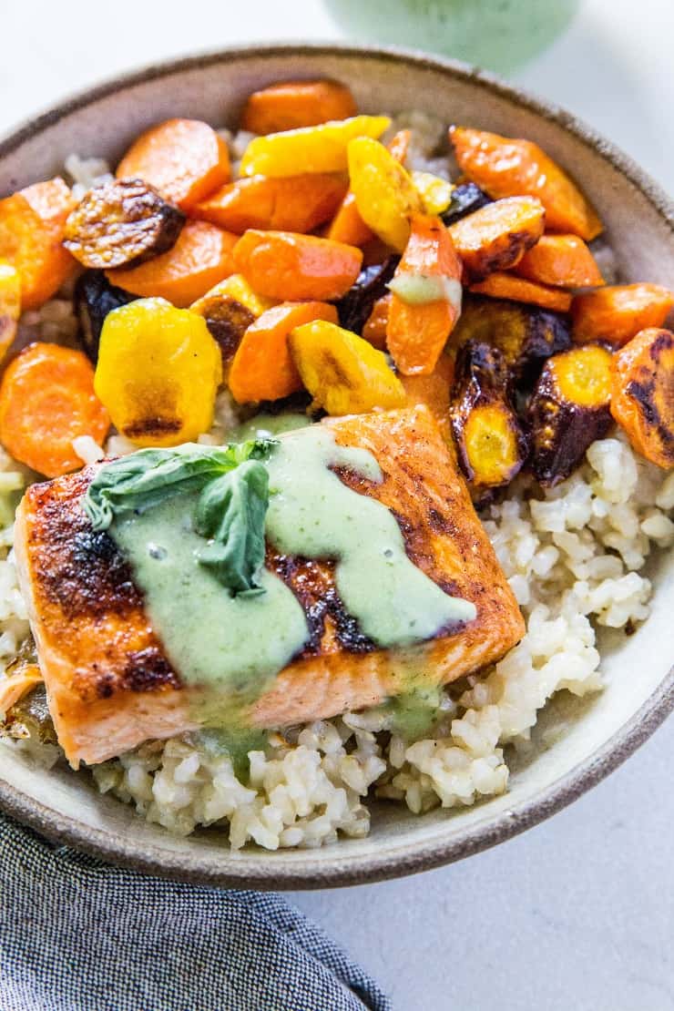 Crispy Salmon with Basil Coconut Milk Sauce - a fresh, easy, and healthy dinner recipe that is low-fodmap and super quick to prepare! | TheRoastedRoot.net