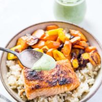 Crispy Salmon with Basil Coconut Milk Sauce - a fresh, easy, and healthy dinner recipe that is low-fodmap and super quick to prepare! | TheRoastedRoot.net