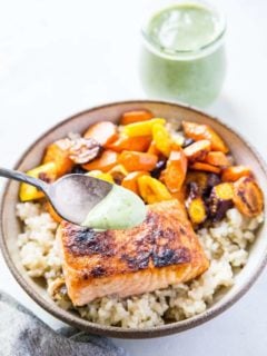 Crispy Salmon with Basil Coconut Milk Sauce - a fresh, easy, and healthy dinner recipe that is low-fodmap and super quick to prepare! | TheRoastedRoot.net
