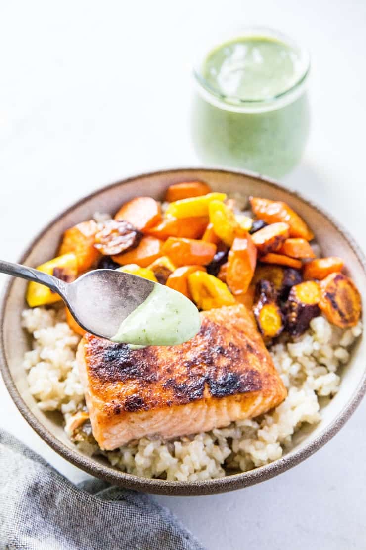 crispy salmon with basil coconut milk sauce (low-fodmap)