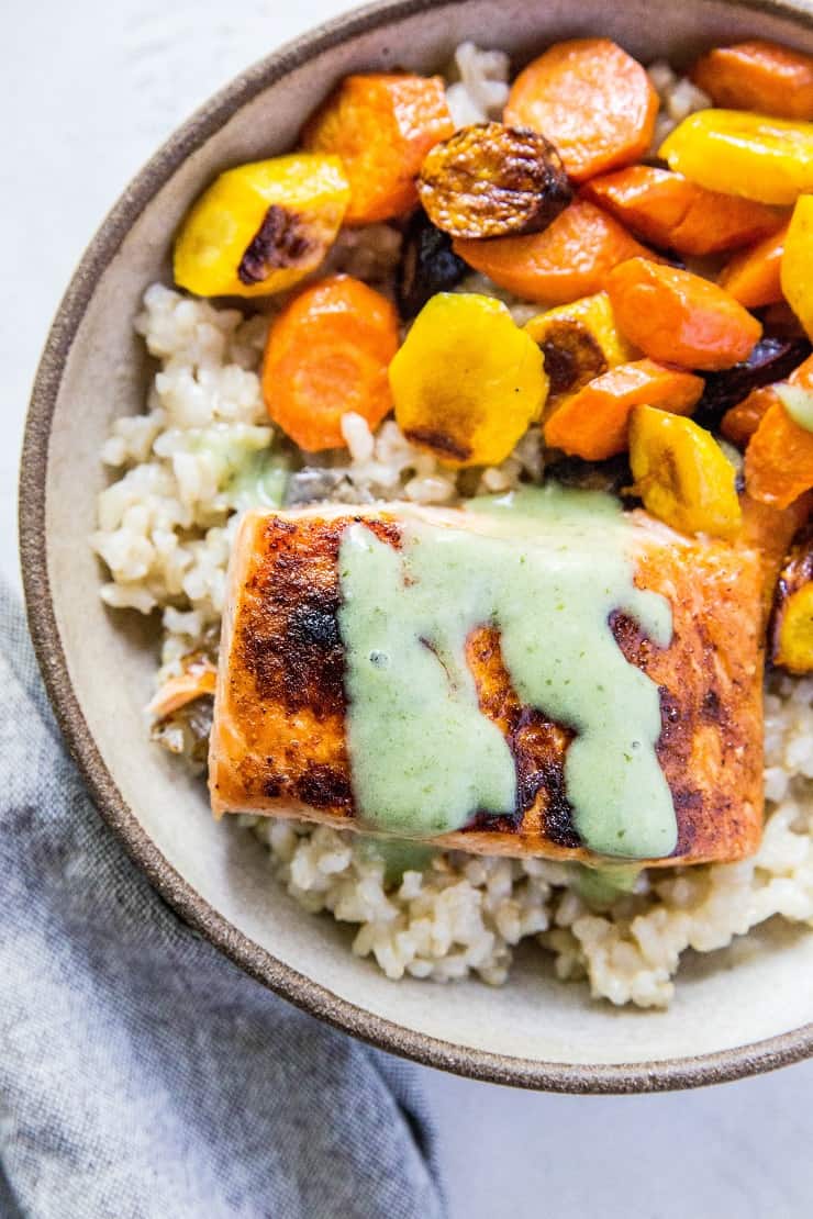 Crispy Salmon with Basil Coconut Milk Sauce - a fresh, easy, and healthy dinner recipe that is low-fodmap and super quick to prepare! | TheRoastedRoot.net