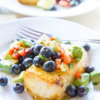 Orange Ginger Halibut with Blueberry Avocado Salsa - a baked halibut recipe that is easy to prepare and so flavorful! A healthy dinner recipe - paleo, whole30, low-carb | TheRoastedRoot.net