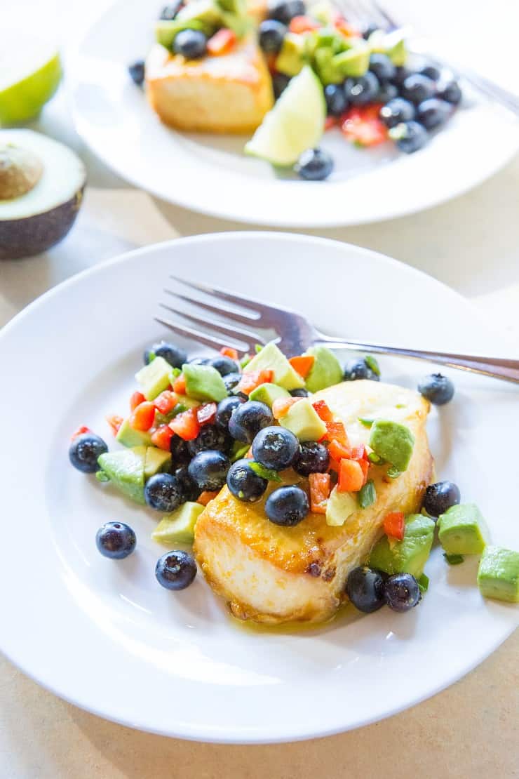 Orange Ginger Baked Halibut with Blueberry Avocado Salsa - an easy, healthy paleo whole30 low-carb dinner recipe | TheRoastedRoot.net