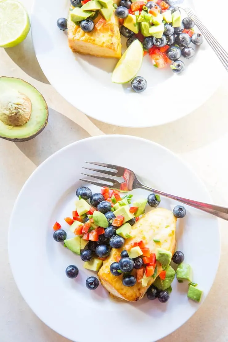 Orange Ginger Baked Halibut with Blueberry Avocado Salsa - an easy, healthy paleo whole30 low-carb dinner recipe | TheRoastedRoot.net