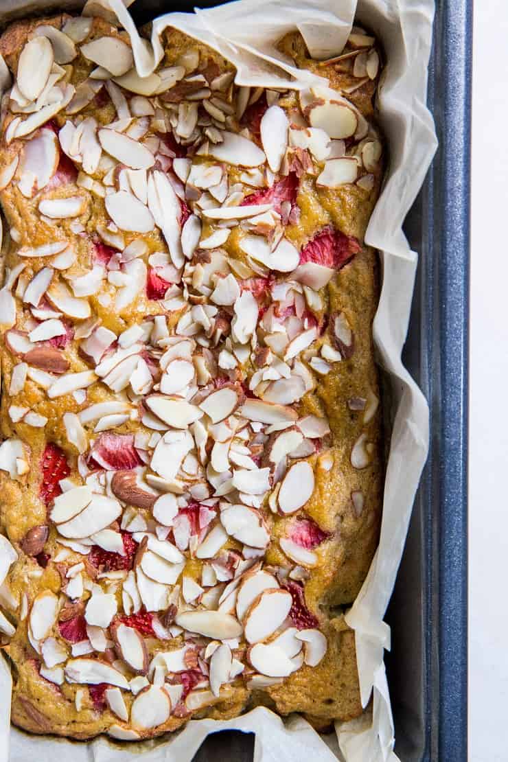 Grain-Free Paleo Strawberry Banana Bread made with coconut flour and coconut sugar | TheRoastedRoot.net #glutenfree #healthy