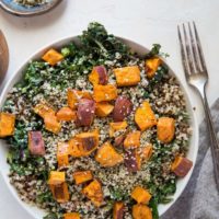 Roasted Sweet Potato Kale Salad with Quinoa, hemp seeds, and honey mustard dressing | TheRoastedRoot.net