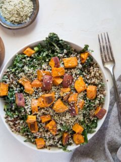 Roasted Sweet Potato Kale Salad with Quinoa, hemp seeds, and honey mustard dressing | TheRoastedRoot.net