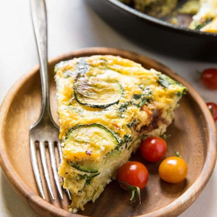 Spinach Frittata with Zucchini, Sun-Dried Tomatoes, and Goat Cheese - a healthy gluten-free breakfast recipe! | TheRoastedRoot.net