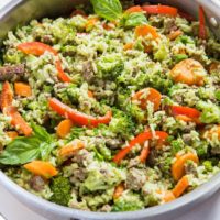 Basil Coconut Ground Beef Skillet with broccoli, carrots, and bell pepper - an easy on-pot meal that is filling and delicious! | TheRoastedRoot.net