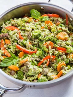 Basil Coconut Ground Beef Skillet with broccoli, carrots, and bell pepper - an easy on-pot meal that is filling and delicious! | TheRoastedRoot.net