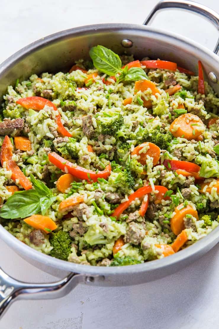 Basil Coconut Ground Beef Skillet with broccoli, carrots, and bell pepper - an easy on-pot meal that is filling and delicious! | TheRoastedRoot.net