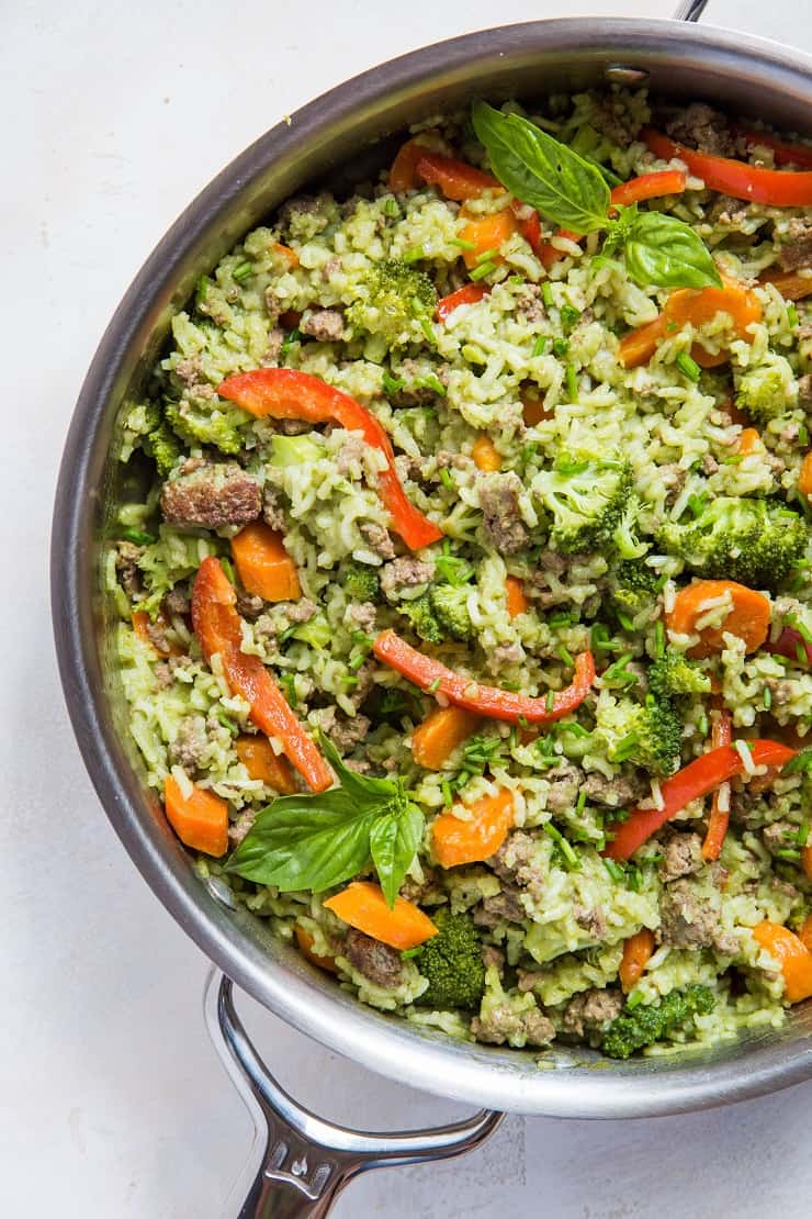 Basil Coconut Ground Beef Skillet with broccoli, carrots, and bell pepper - an easy on-pot meal that is filling and delicious! | TheRoastedRoot.net