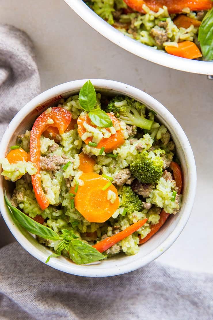 Basil Coconut Ground Beef Skillet with broccoli, carrots, and bell pepper - an easy on-pot meal that is filling and delicious! | TheRoastedRoot.net