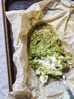 Fish en Papillote (fish in parchment paper) with Arugula-Pepita Sauce - a clean, healthy paleo whole30 keto dinner recipe | TheRoastedRoot.net