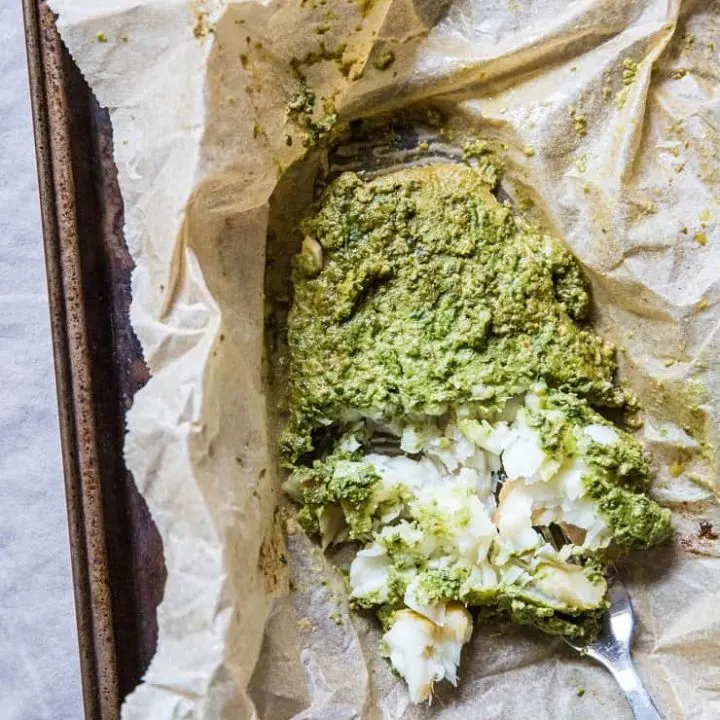 Fish en Papillote (fish in parchment paper) with Arugula-Pepita Sauce - a clean, healthy paleo whole30 keto dinner recipe | TheRoastedRoot.net