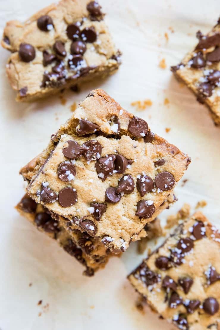 Gluten-Free and Refined Sugar-Free Peanut Butter Chocolate Chip Cookie Bars - made with gluten-free flour and coconut sugar and pure maple syrup for an epic treat | TheRoastedRoot.net
