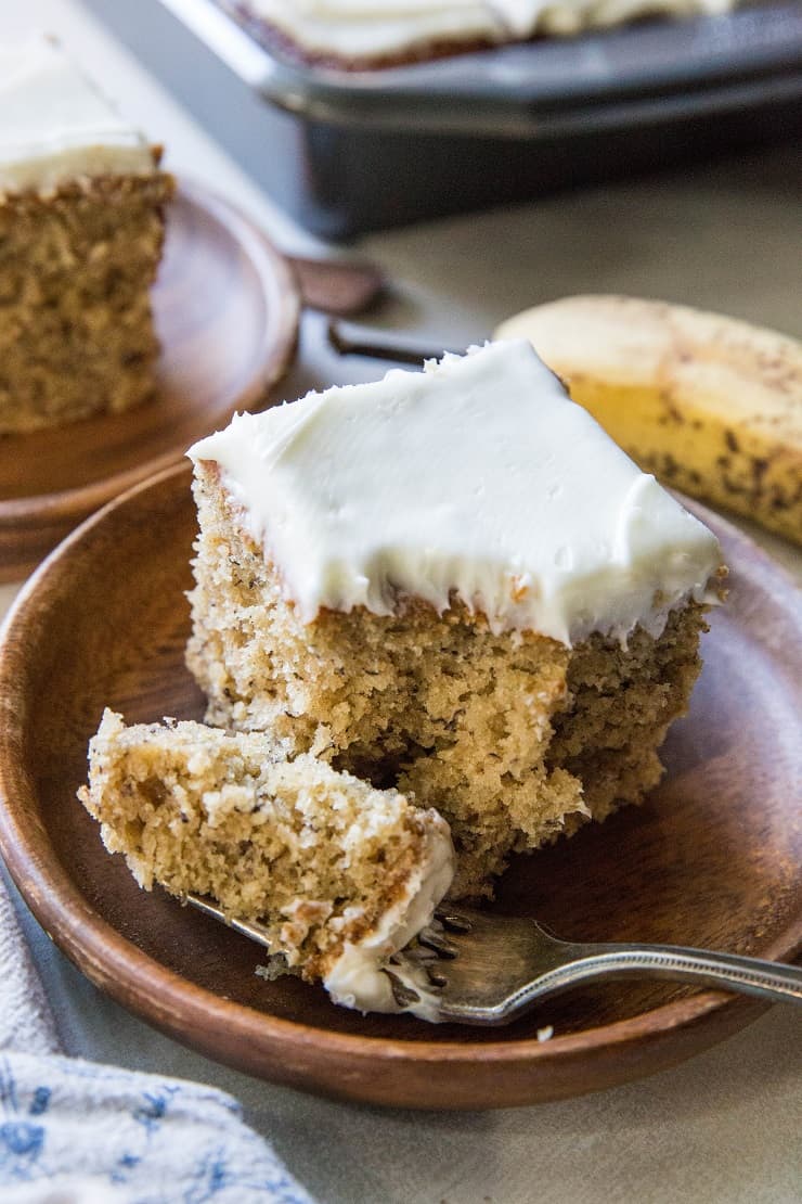 Gluten-Free Paleo Banana Cake made with almond flour and pure maple syrup for a healthy and delicious breakfast or dessert | TheRoastedRoot.net