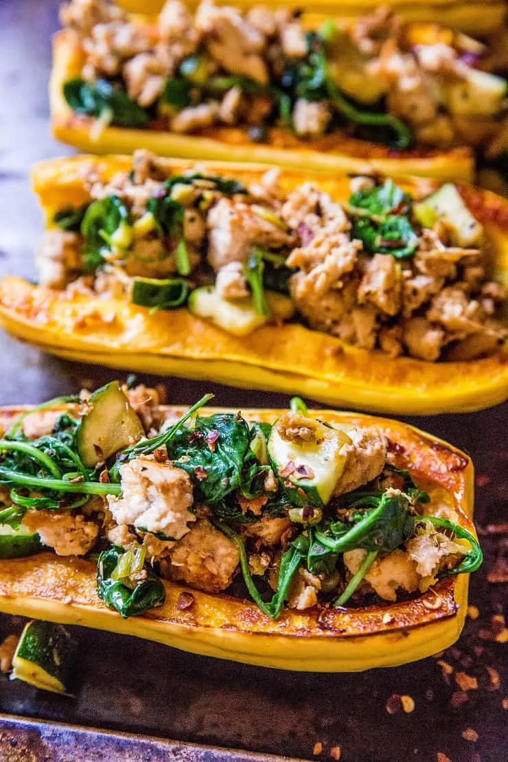 Ground Turkey Stuffed Delicata Squash with zucchini, spinach, ginger, and coconut aminos - paleo, whole30, keto, low-carb, and AIP dinner recipe! | TheRoastedRoot.net