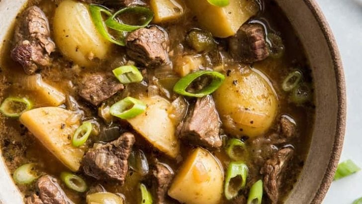 Super quick and easy Instant Pot Beef and Potato Stew | TheRoastedRoot.net #glutenfree #paleo