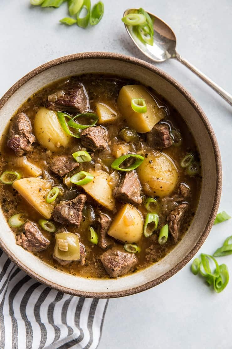 Super quick and easy Instant Pot Beef and Potato Stew | TheRoastedRoot.net #glutenfree #paleo