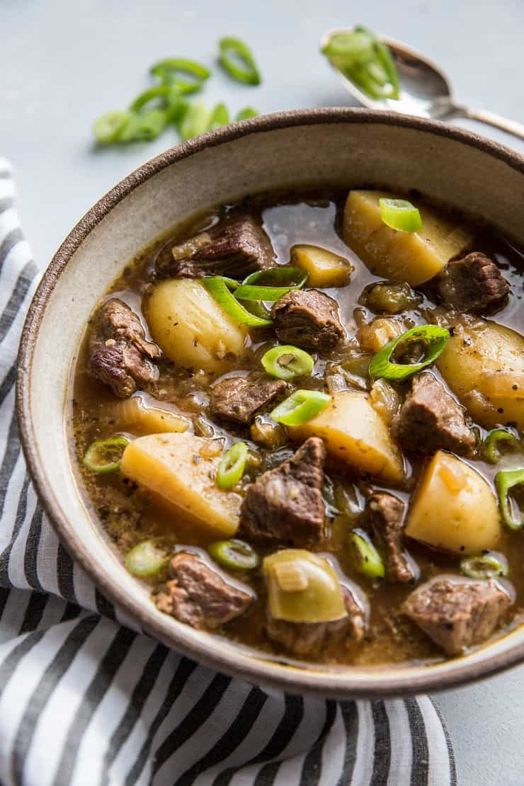 Easy Instant Pot Steak and Potato Soup - a paleo, gluten-free beef stew recipe with potatoes | TheRoastedRoot.net