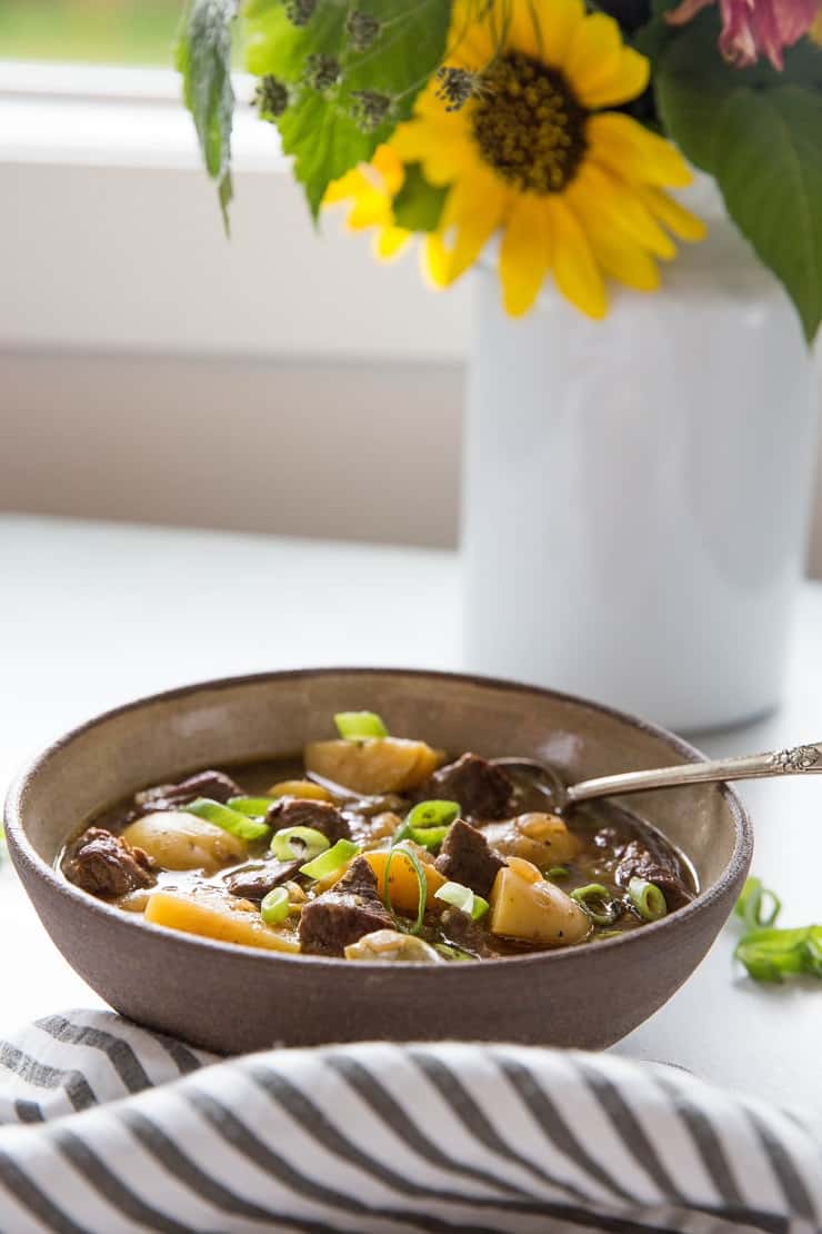 Instant Pot Steak and Potato Stew - an easy beef soup recipe that is gluten-free, paleo, and requires only a handful of ingredients | TheRoastedRoot.net