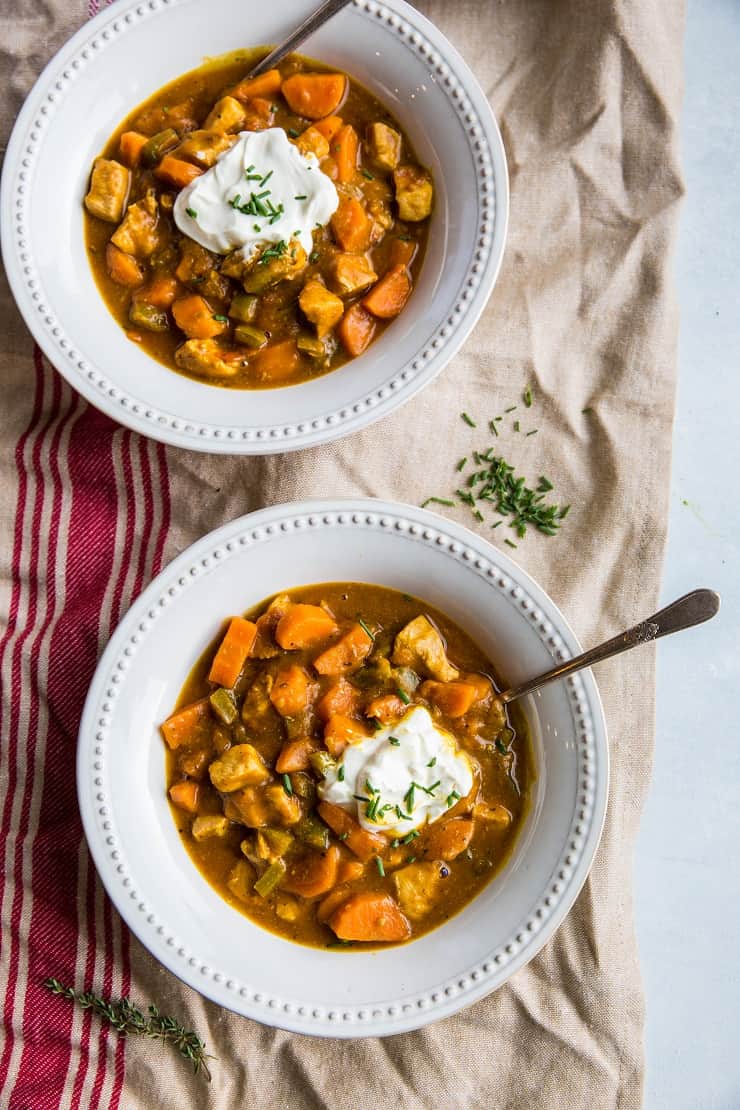 Pumpkin Chicken Chili made paleo without beans - an easy stovetop chili recipe that only takes 45 minutes to prepare. Low-FODMAP and lower carb! | TheRoastedRoot.net